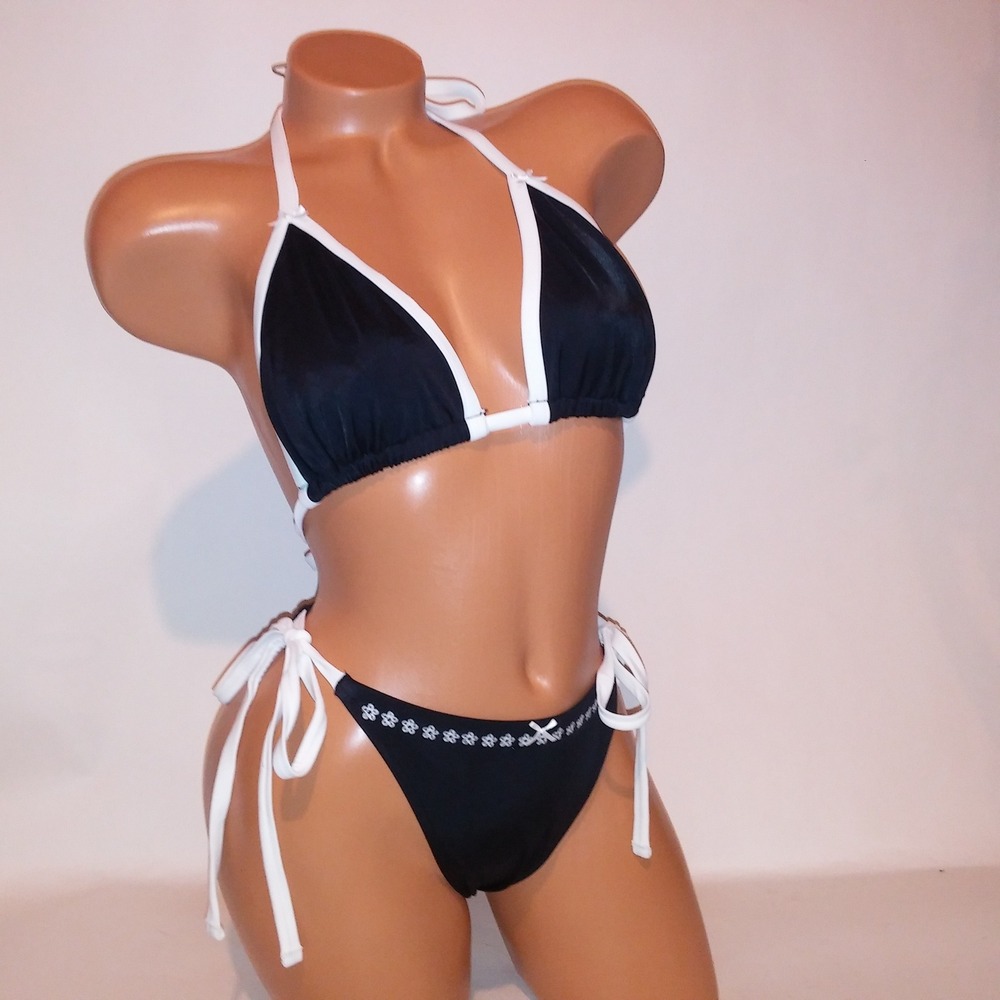 Victoria Secret PINK Swim Bikini XL Top & Bottom Black White Stripe String New